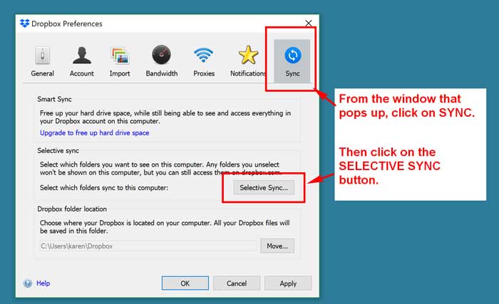 dropbox help with selective sync