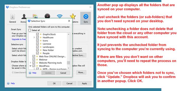 dropbox help with selective sync