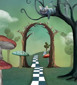 Surreal landscape with a magic passage and a cheshire cat watching the scene on a tree branch