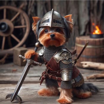 small dog in armor