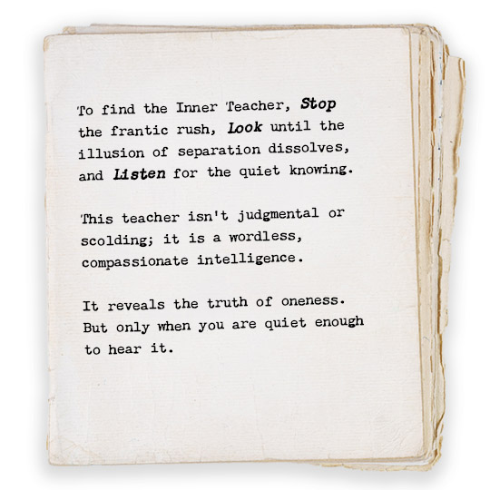 To find the Inner Teacher, Stop the frantic rush, Look until the illusion of separation dissolves, and Listen for the quiet knowing. This teacher isn't judgmental or scolding; it is a wordless, compassionate intelligence. It reveals the truth of oneness. But only when you are quiet enough to hear it. 
