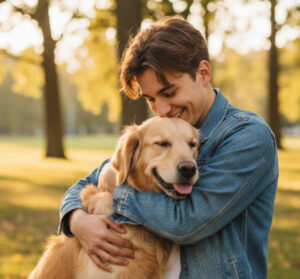 guy hugging his golden retriever outside