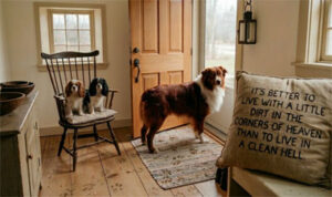 3 dogs in old farmhouse with muddy paw prints